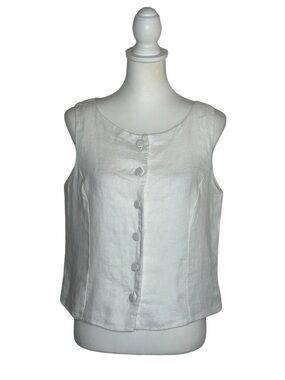 Sleeveless Button-Front Linen Shell Top - White